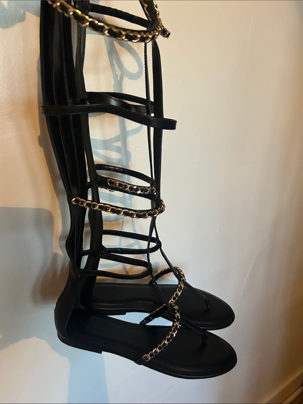 INC Black Knee-High Gladiator Sandals with Chain Trim